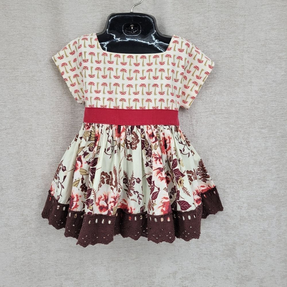 Handmade Mushroom and Floral Girls Dress with Red Tie and Brown Eyelet Trim